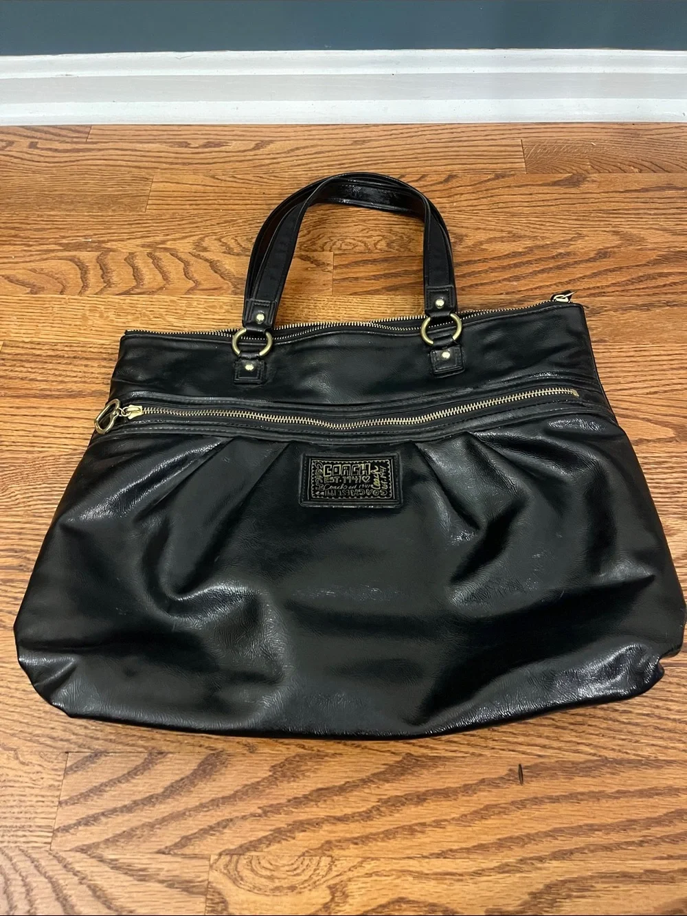 Coach Poppy Daisy Black Patent Leather Large Tote Shoulder Bag Purse F20004 COA